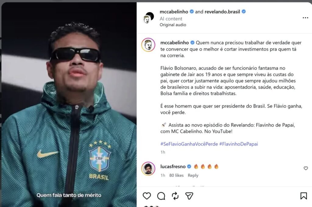 Ministro do TSE manda Meta revisar retirada de vídeo de MC Cabelinho contra Flávio Bolsonaro